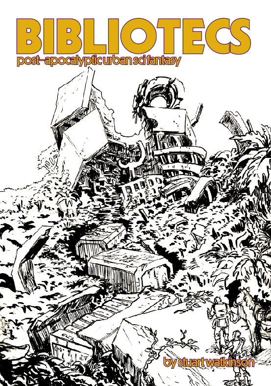Black and white line art of two adventurers leading a horse to a large have destroyed building. BIBLIOTECS post-apocalyptic urban fantasy. By Stuart Watkinson